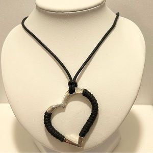 Vintage Sterling Silver Freeform Open Heart Black Cord Wrapped Necklace 16”